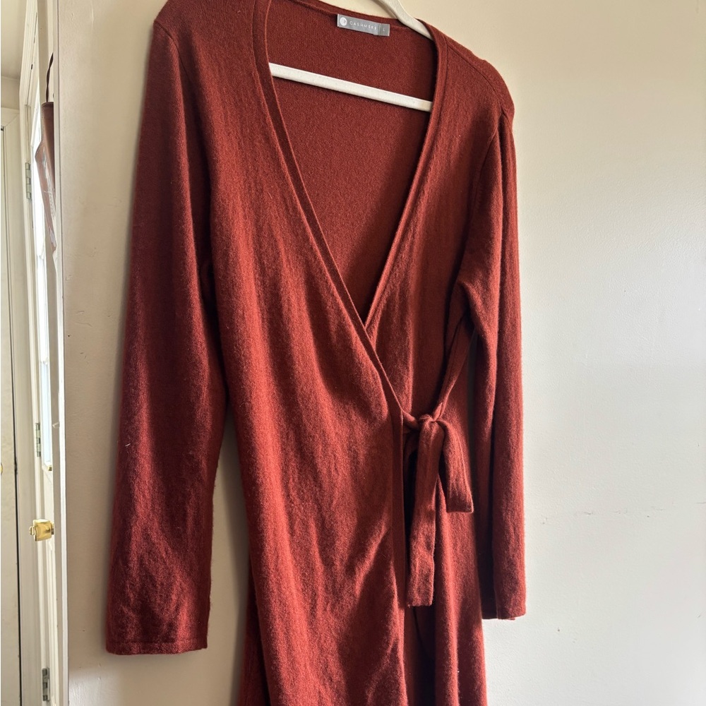 Cashmere Rust Wrap Knit Sweater Dress
